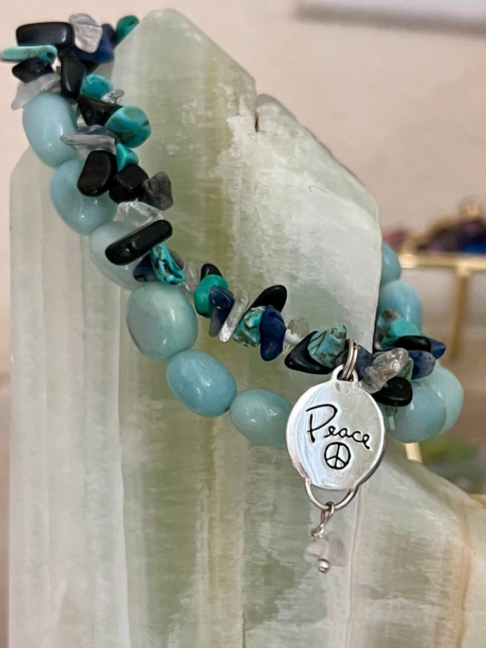 Authentic 925 Sterling Silver & Natural Amazonite Double-Strand Bracelet — Boho